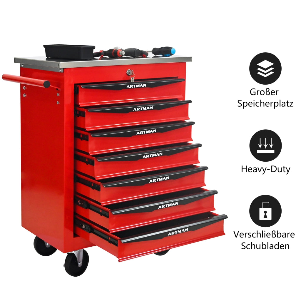 Mobile contenitore portautensili con 7 cassetti e ruote, chiusura a chiave, in acciaio, rosso nero, 62,5 × 34,5 × 78 cm