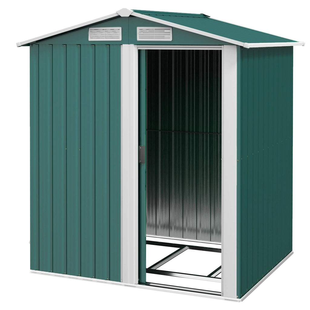 Casetta da Giardino Porta Attrezzi in Acciaio con Tetto Inclinato e 4 Prese d'Aria, 152x132x188 cm, Verde