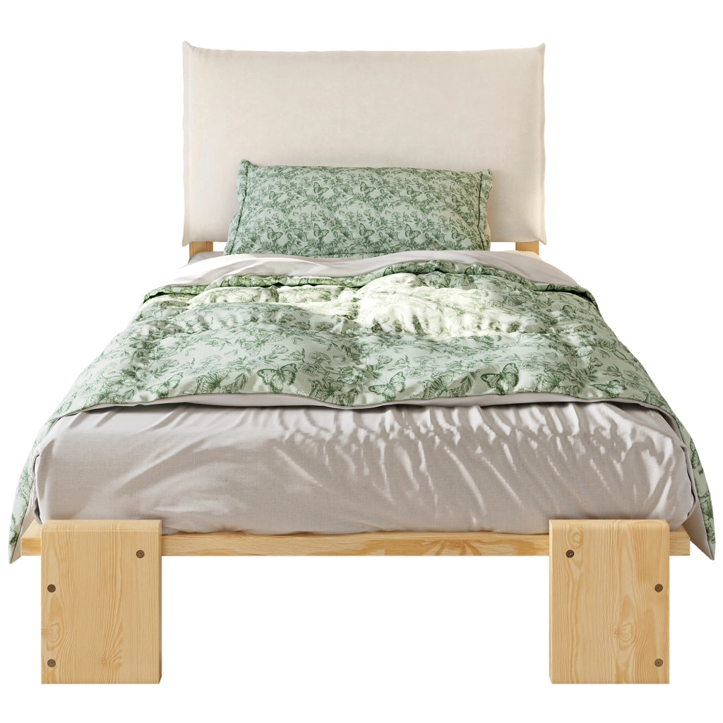 Letto Singolo 90x200 cm - Schienale Imbottito; Doghe Robuste e Gambe Larghe - Naturale