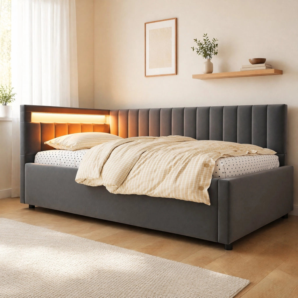 Divano letto imbottito 90x200 cm in velluto grigio con LED e contenitore idraulico