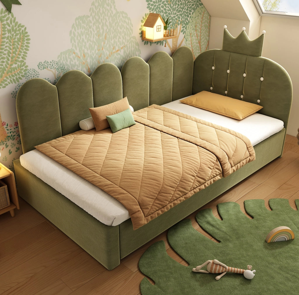 Letto daybed con letto estraibile 90x200 cm in velluto verde; design a corona