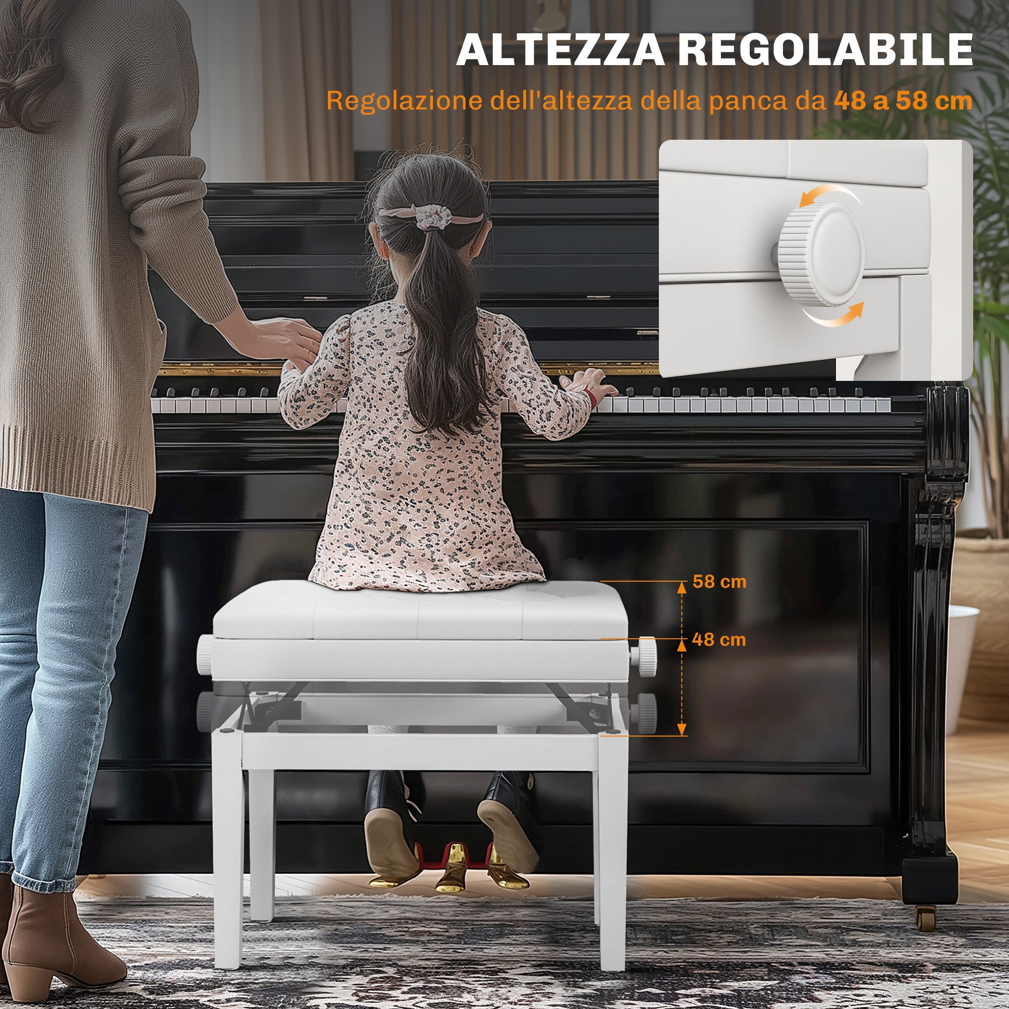 Sgabello Pianoforte 54,5x33x48-58 cm Regolabile con Vano Portaoggetti e Seduta Imbottita Bianco