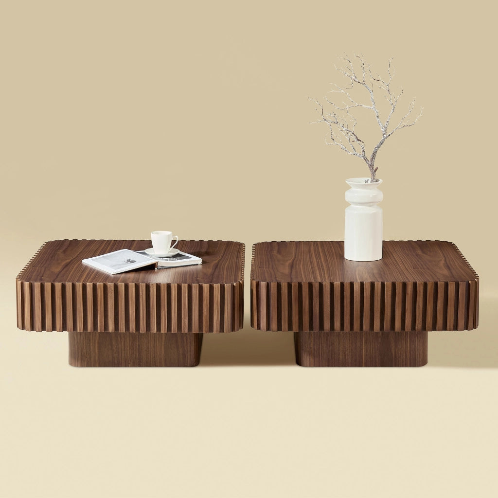 Tavolino basso quadrato in MDF con impiallacciatura noce e cornice in legno massello, per soggiorno, noce, 87 × 87 × 25 cm