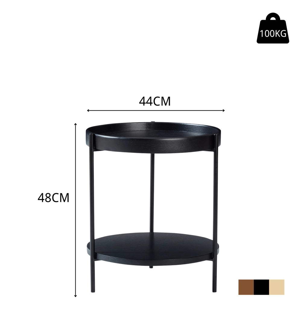 Tavolino rotondo 44x44x48 cm nero; doppio piano a 2 livelli; legno e metallo;