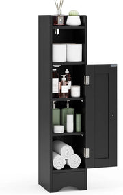 Mobiletto per Bagno Piccolo, Armadietto Salvaspazio da Terra Angolare con Porta e Ripiani Regolabili, Porta Carta Igienica Stretto, Mobiletto per Soggiorno, Cucina e Ingresso (Nero)