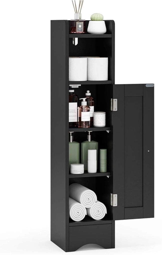Mobiletto per Bagno Piccolo, Armadietto Salvaspazio da Terra Angolare con Porta e Ripiani Regolabili, Porta Carta Igienica Stretto, Mobiletto per Soggiorno, Cucina e Ingresso (Nero)