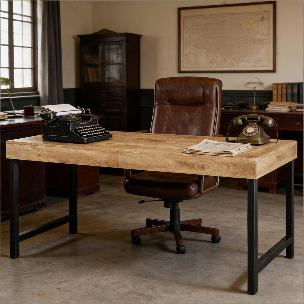 Scrivania rustica 140 cm in MDF e metallo, nero/marrone, per ufficio e home office