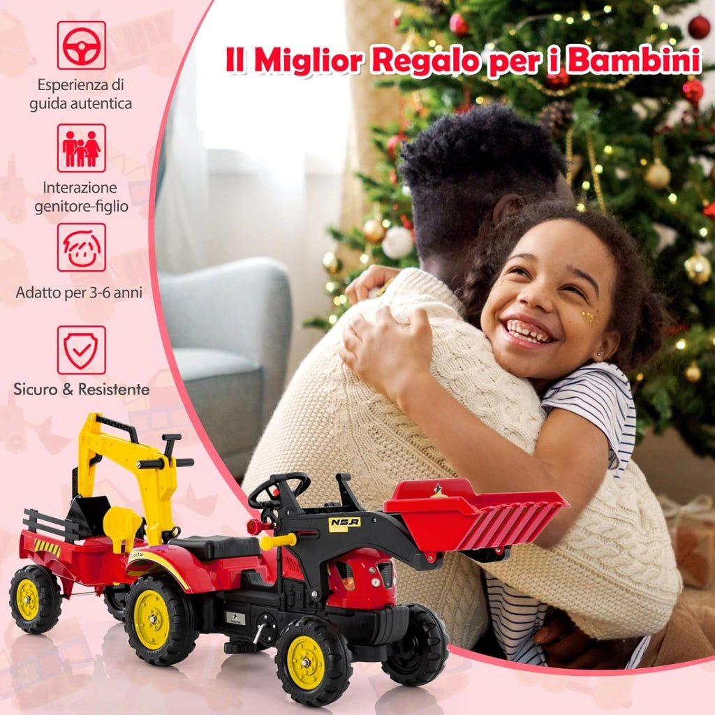 3 in 1 Escavatore per Bambini, Trattore con Rimorchio Staccabile Cavalcabile per Bambini, con 6 Ruote e 2 Benne, per 3-6 Anni (Rosso)