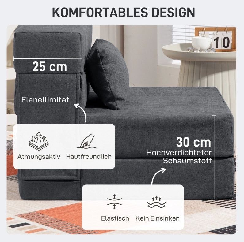 Poltrona letto pieghevole 3 in 1 in flanella grigio scuro