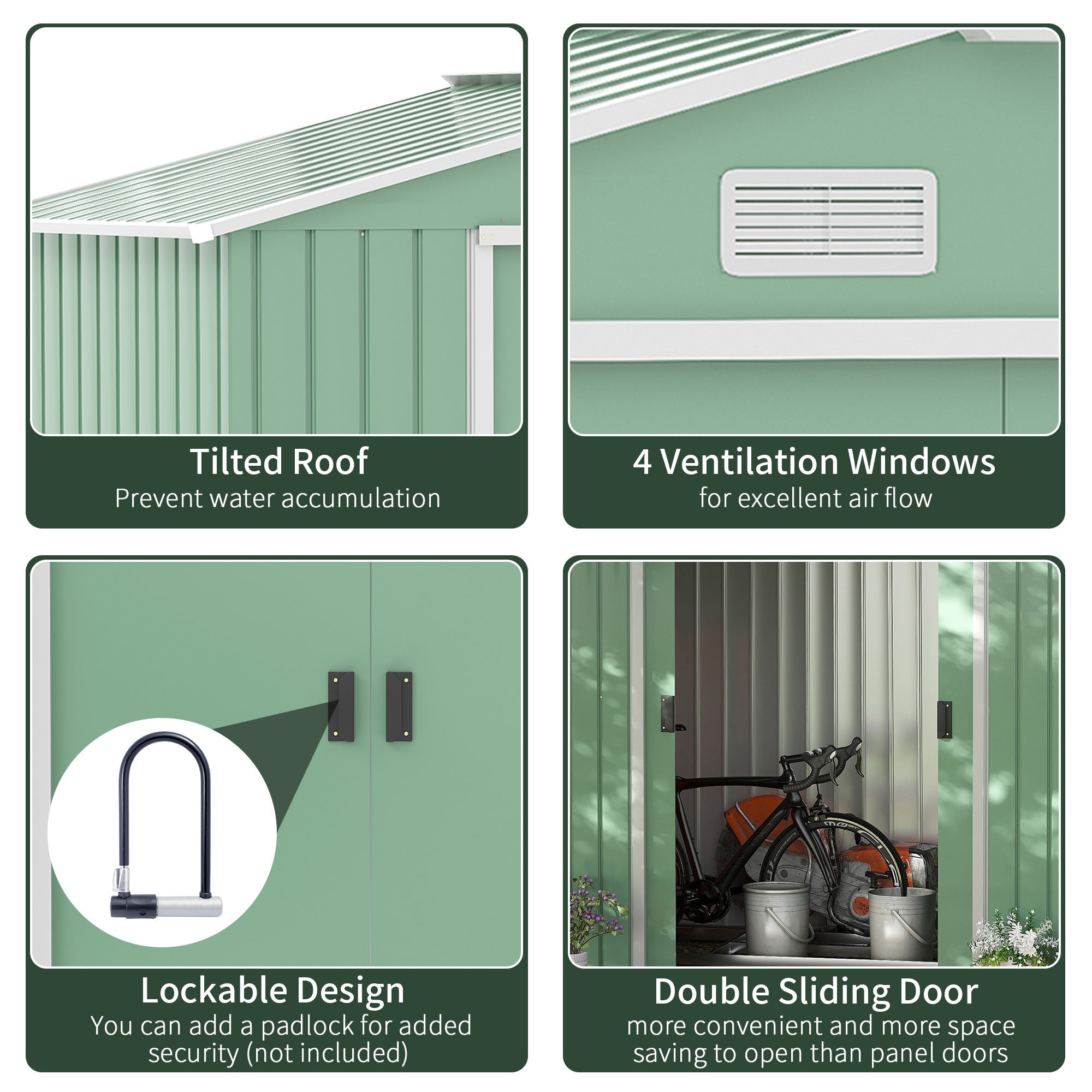 Casetta Box da Giardino 213x130x185 cm con Porte Scorrevoli in Acciaio Verde