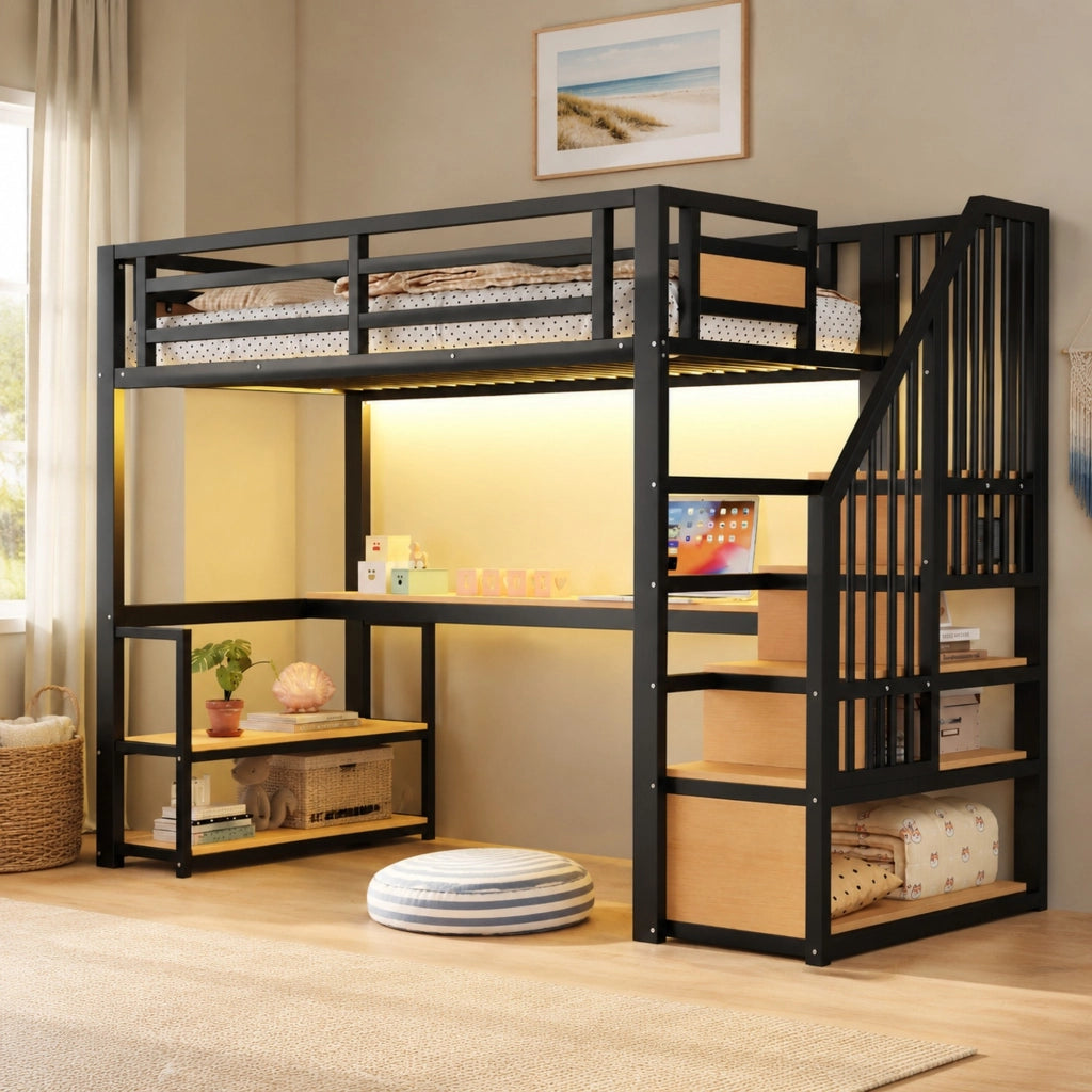 Letto a soppalco 90x200 cm con scrivania; ripiani e scala contenitore in metallo nero