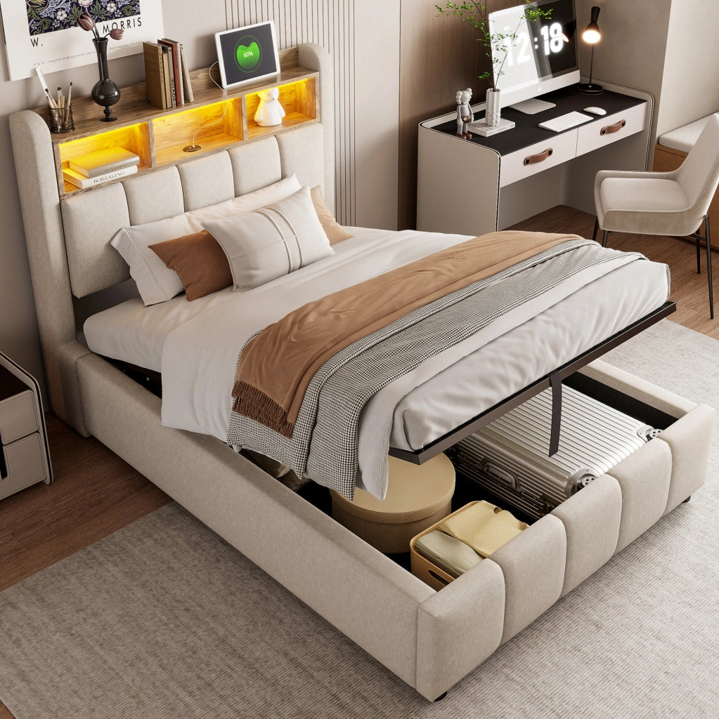 Letto imbottito beige 90 x 200 cm con LED, ricarica e vano contenitore