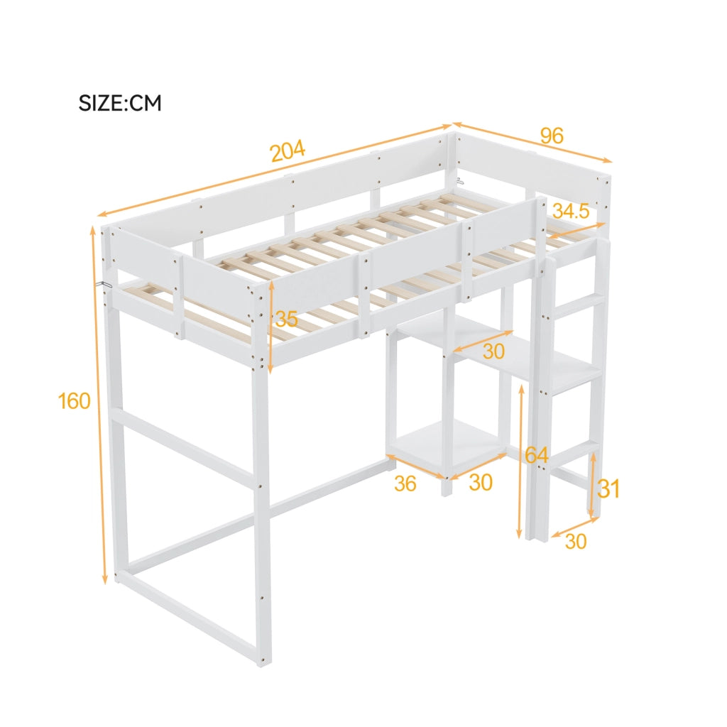 Hochbett 90x200 cm con ripiano; design salvaspazio in legno bianco