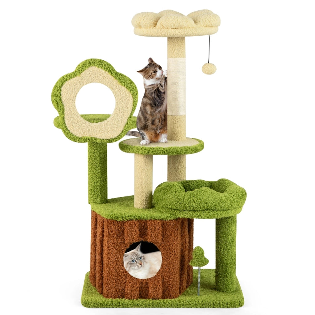Torre multilivello per gattini con condominio tronco e giocattolo a molla, Centro di attivit¨¤ da interno per animali Verde-Alberi Tiragraffi
