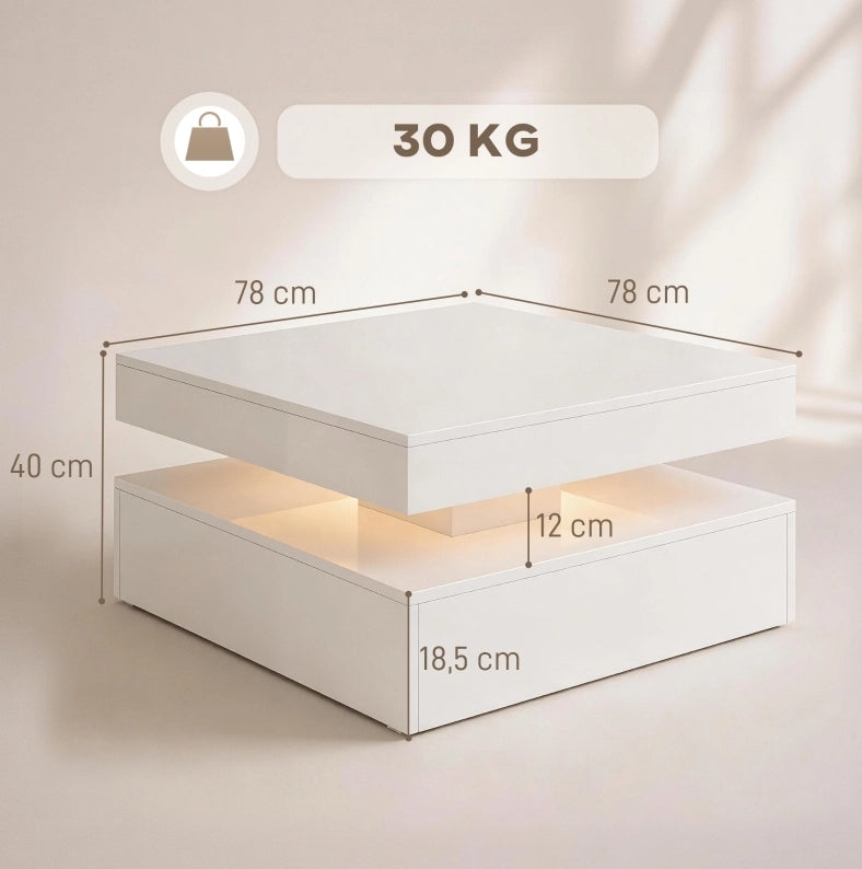 Tavolino da caffè 89.0x89.0x14.0 cm con LED RGB a 7 colori; ripiano aperto; pannello di fibra; bianco lucido