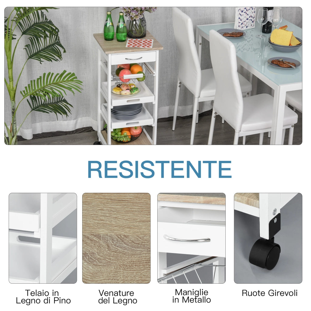 Easycomfort Carrello da Cucina Salvaspazio in Legno di Pino e MDF, Carrello Portaoggetti con Cassetto, Cestello, 2 Vassoi e 4 Ruote Universale, 37x37x82cm, Bianco