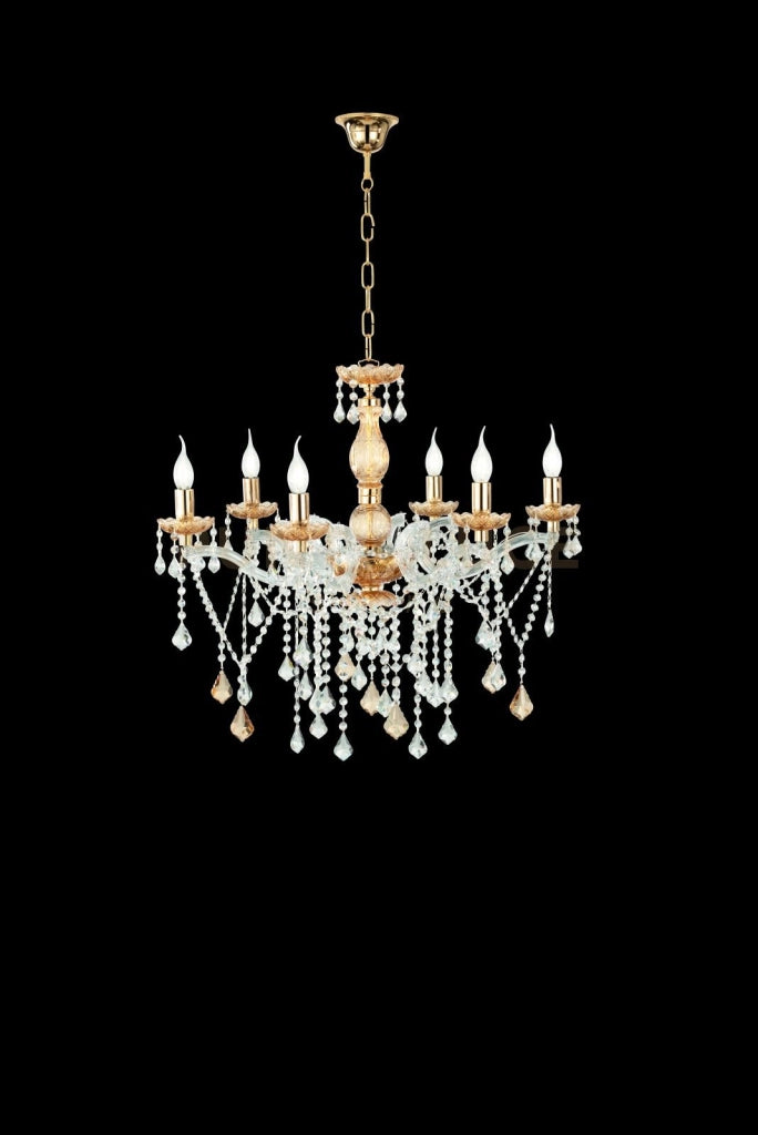 LAMPADARIO DAMASCO 6 LUCI AMBRA E ORO ATTACCO E14 D.75CM