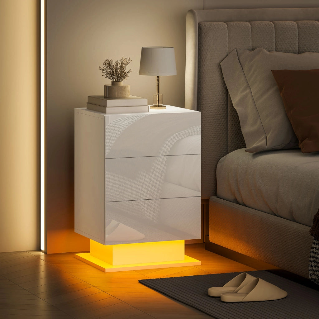 Comodino con LED RGB e 3 Cassetti ¨C Zephmum ¨C Bianco Lucido 40x35x60 cm