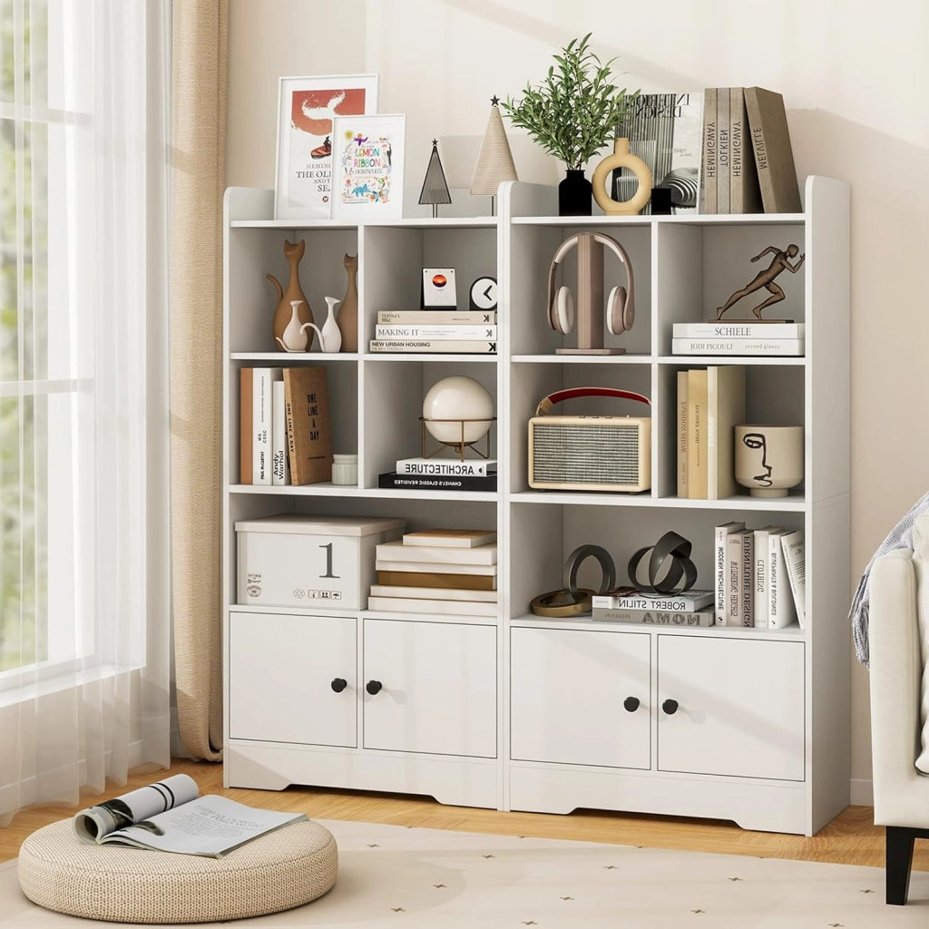 Libreria a 5 Ripiani, Scaffale con 5 Cubi Aperti e Armadio a 2 Porte, Libreria Autoportante con Kit Antiribaltamento per Soggiorno, Camera da Letto e Studio, 60 x 29,5 x 120 cm, Bianco