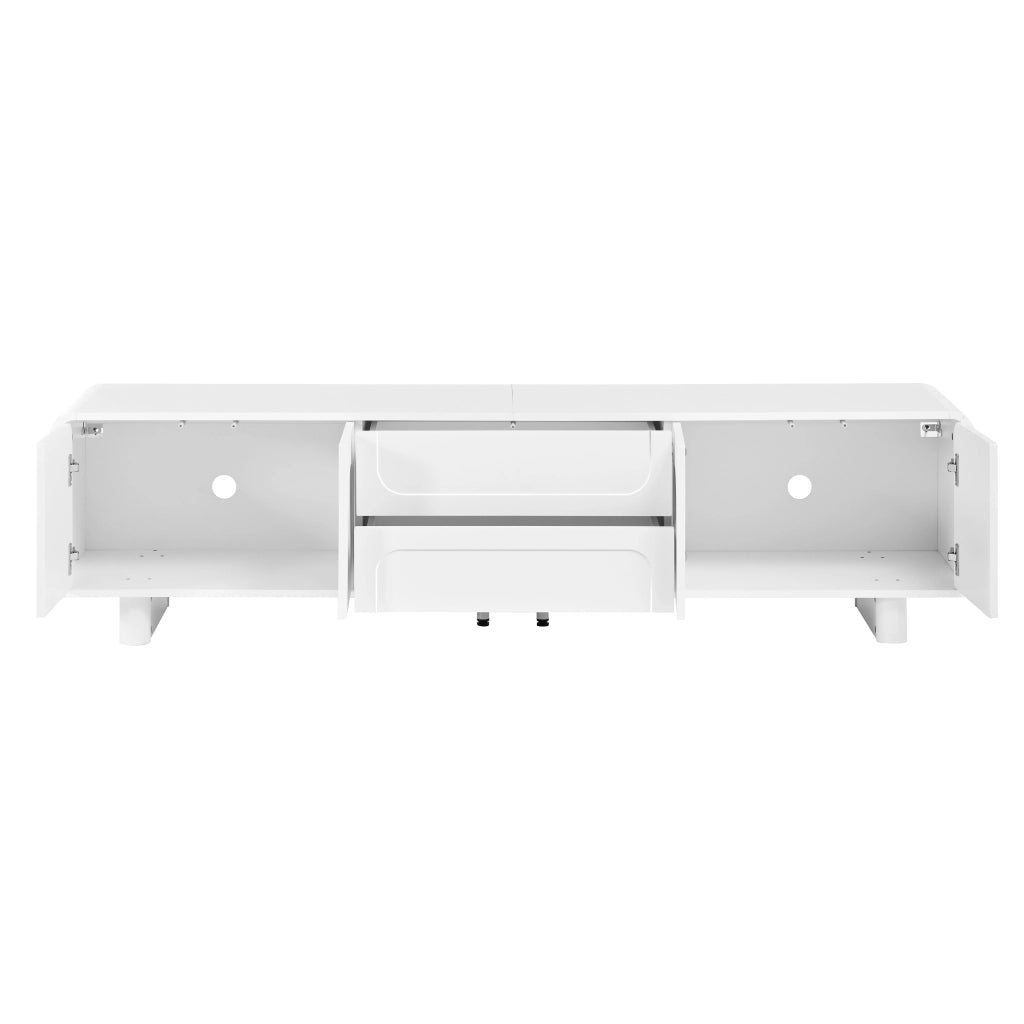 TV lowboard moderno con ante e cassetti, bianco, con angoli arrotondati e passacavi