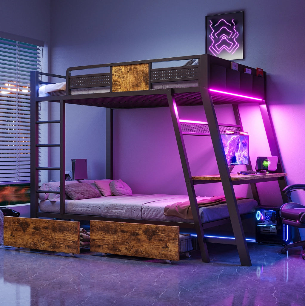 Letto a castello in metallo 90x200 cm con scrivania integrata; LED e contenimento; nero