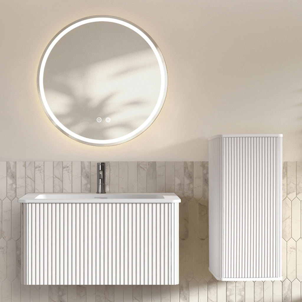 Mobile sottolavabo con specchio LED e colonna bagno a parete moderno bianco con lavandino e vani contenitori