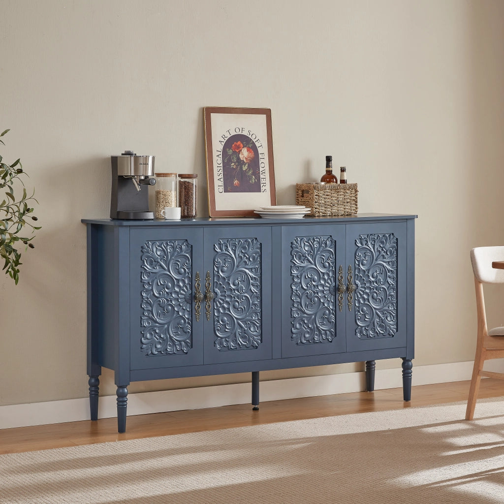 Credenza con ante a rilievo retrò e gambe tornite blu navy 160 × 40 × 89 cm