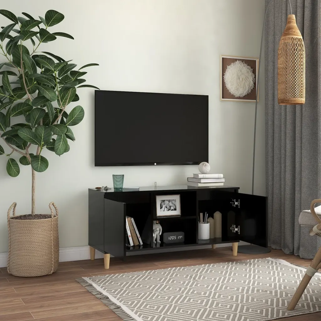 Comodino | Armadio da Notte | Mobiletto da notte con Gambe in Legno Massello Nero 103,5x30x50 cm
