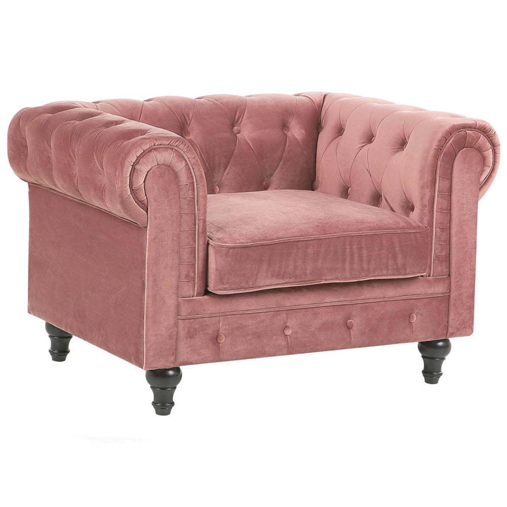 Poltrona Chesterfield Tessuto Velluto Rosa Rivestimento Gambe Legno Scuro Contemporaneo