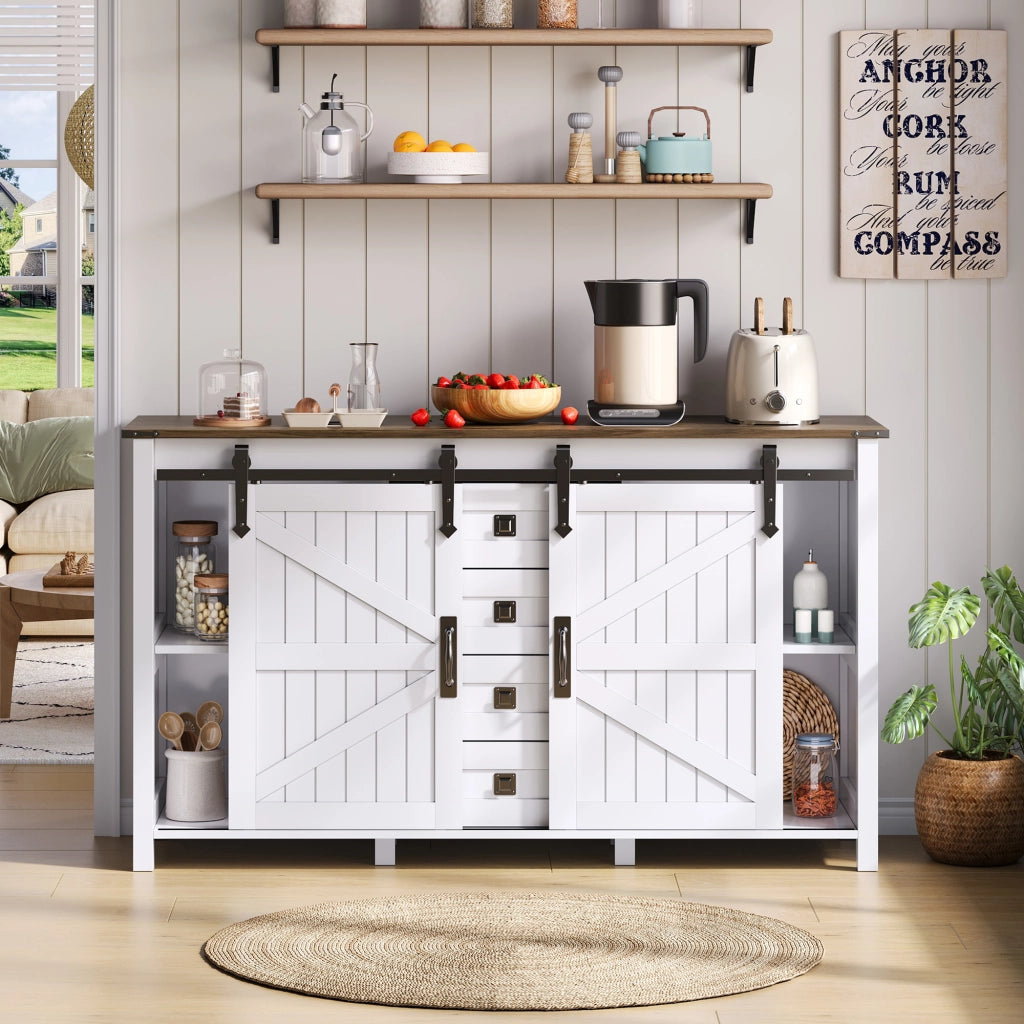 Credenza con 2 ante scorrevoli e 4 cassetti - per cucina e soggiorno - in MDF - 137 x 40 x 81.5 cm - bianco