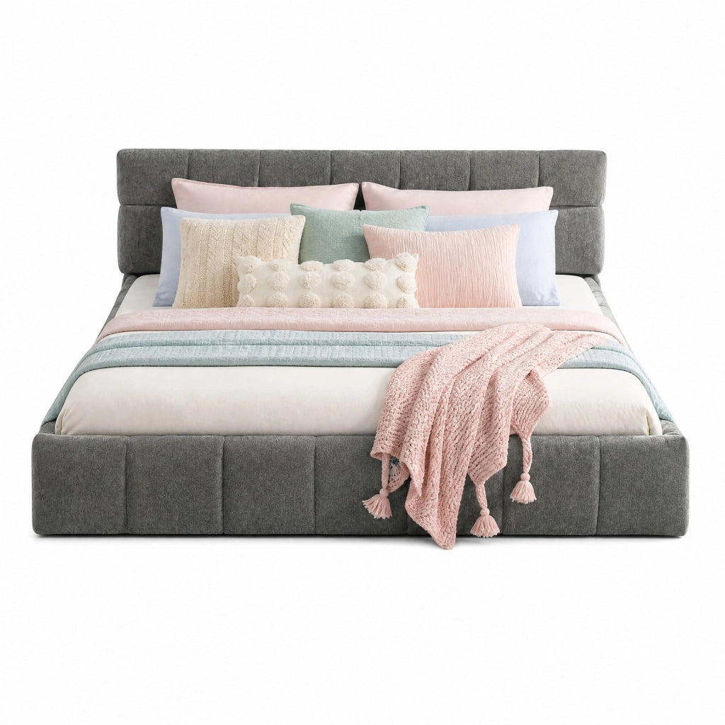 Letto matrimoniale 140x200 cm in chenille grigio scuro con struttura in legno di eucalipto e ferro