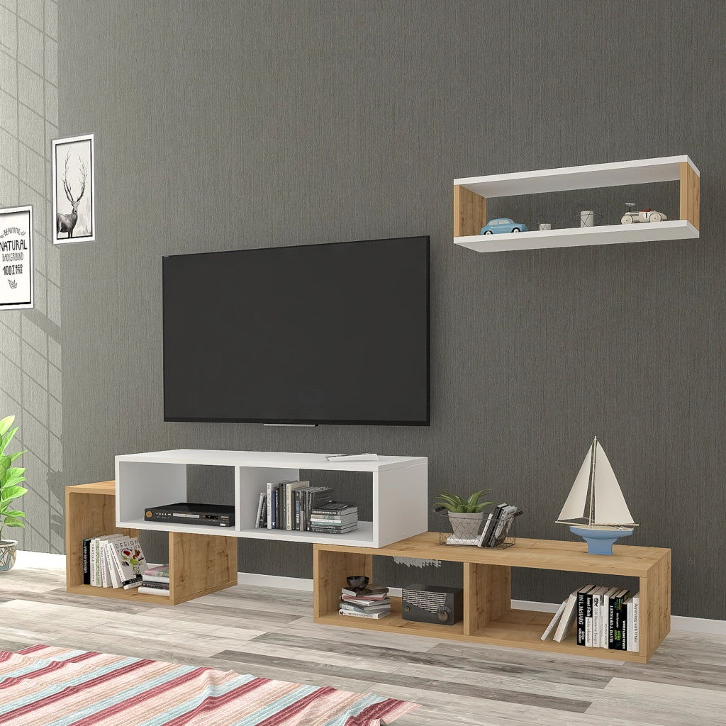 Set Malvik Mobile TV e Mensola da Parete - Bianco / Effetto Rovere Zaffiro [en.casa]