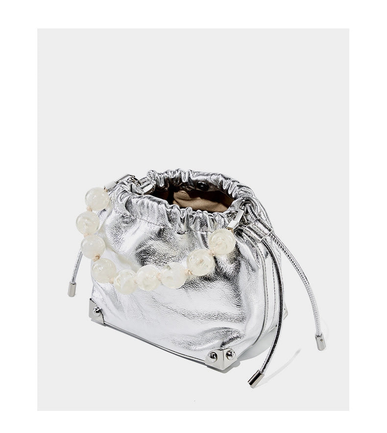 Borsa a mano grande in vera pelle, stile europeo e americano, colore argento.