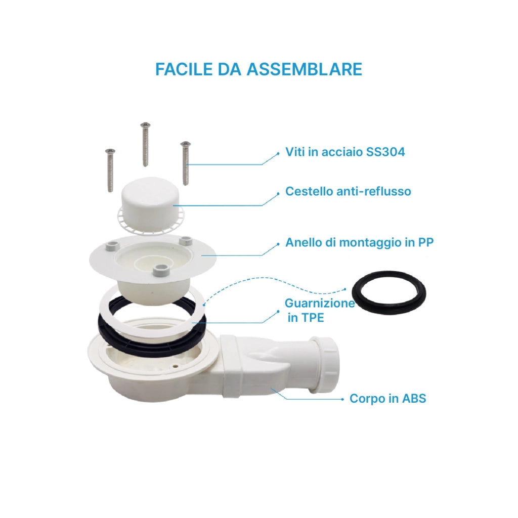 Piletta di scarico universale ribassata per piatto doccia diametro 90mm
