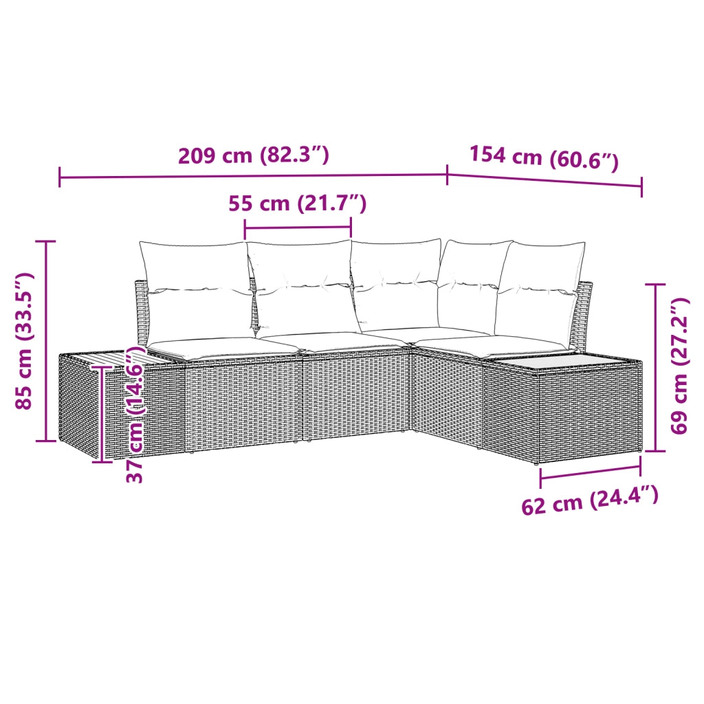 Set di Divani da Giardino a 4 Pezzi con Cuscini Nero Polyrattan Acacia