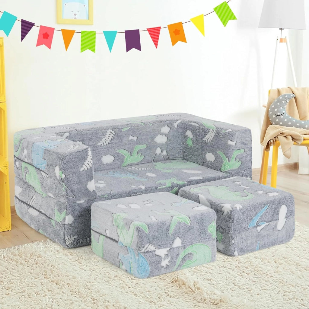 Divano Pieghevole 3 in 1 per Bambini Brilla al Buio, Poltrona Bambini con Rivestimento in Flanella Rimovibile e Lavabile, Pouf per Cameretta (Dinosauro Grigio)