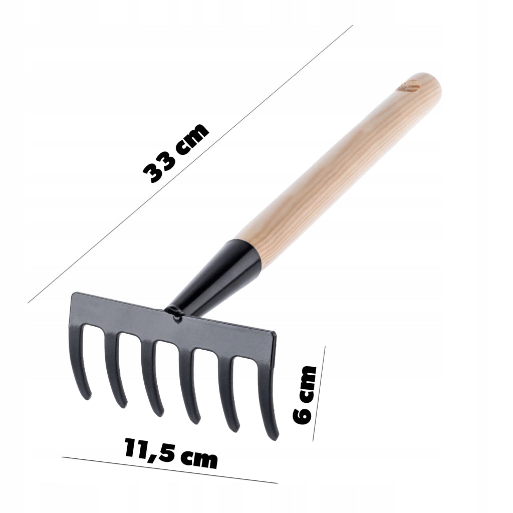 Rastrello da giardino in metallo KADAX, piccolo, 33 cm, 6 denti, manico in legno massello