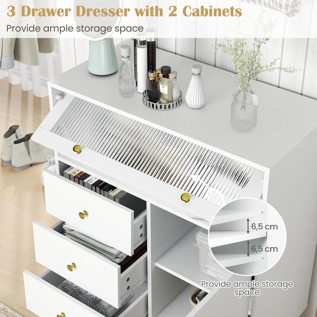 Cassettiera con cassetti e porta in vetro, armadietto a buffet, con piedini in metallo, credenza 80 x 40 x 95,5 cm, bianco, multiuso, in legno, per soggiorno, corridoio