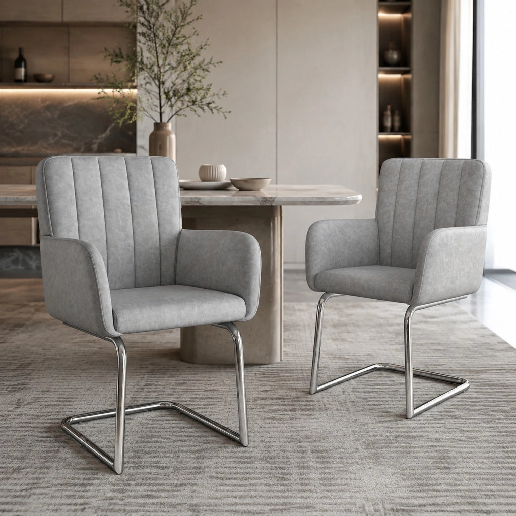 Set di 2 sedie da pranzo girevoli; impilabili; in pelle PU e metallo; grigio