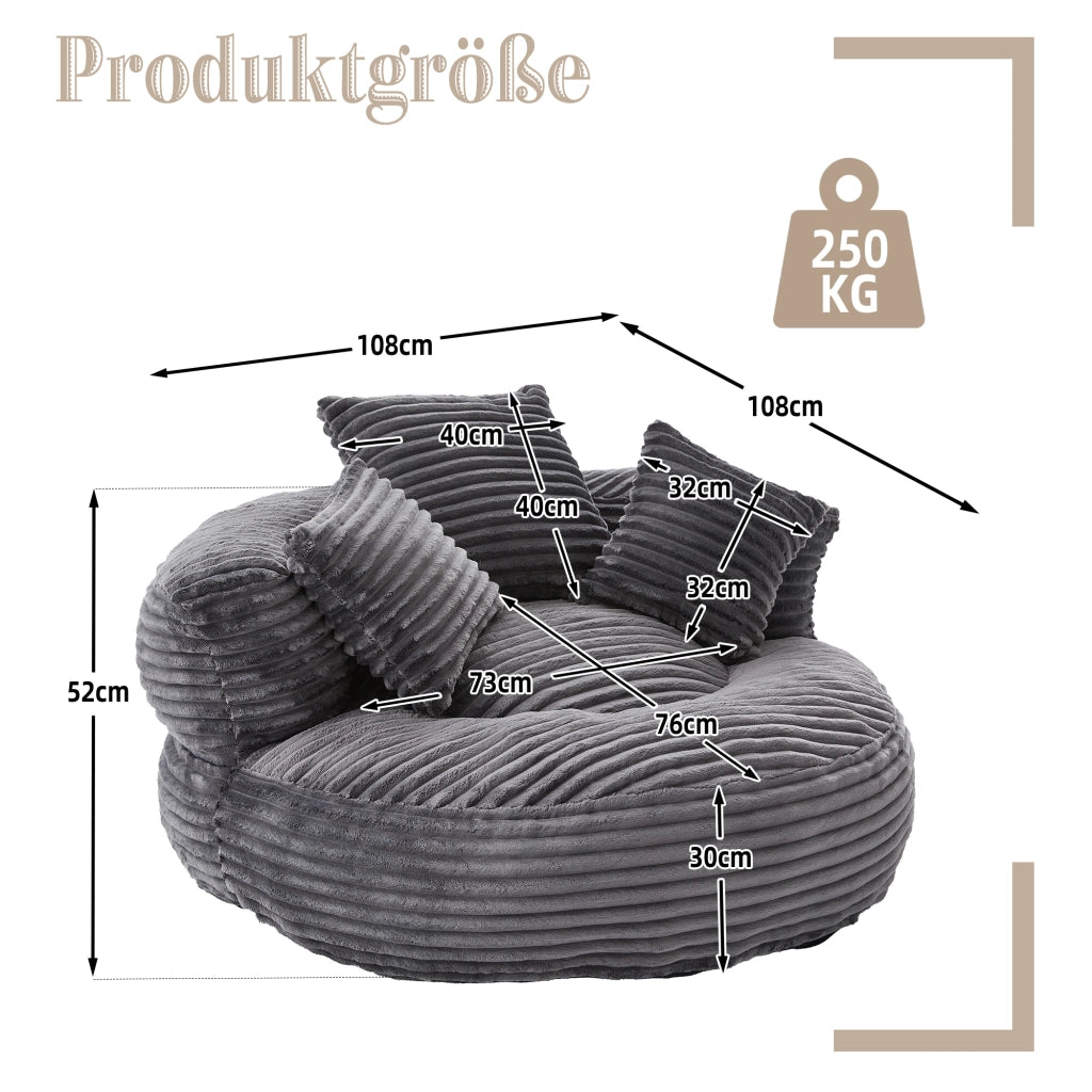 POLTRONA Sacca 108x108x52 cm in velluto a coste Grigio Scuro senza montaggio