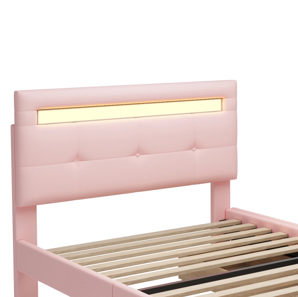 Letto singolo imbottito 90x200 cm con LED e 2 cassetti rosa