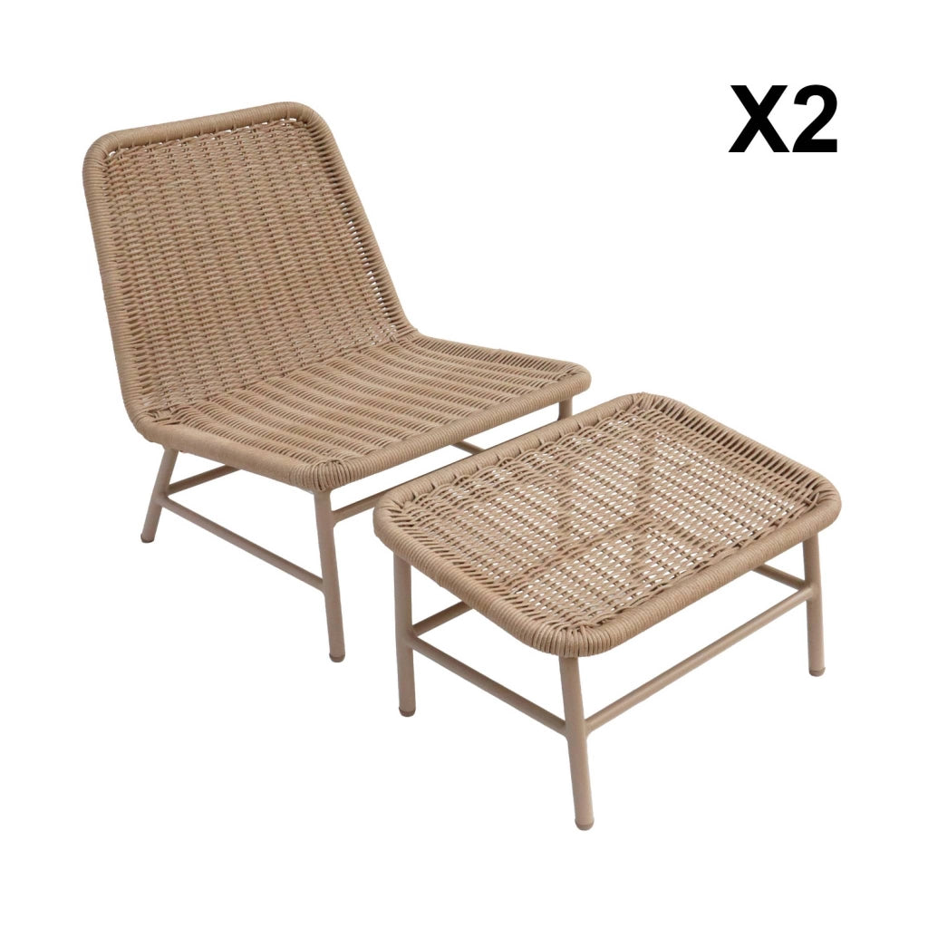 Set 2 poltrone da giardino con poggiapiedi in alluminio e corda, beige