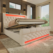 Letto matrimoniale-Xylo-140x200 cm-LED, USB-C, idraulico, velluto beige