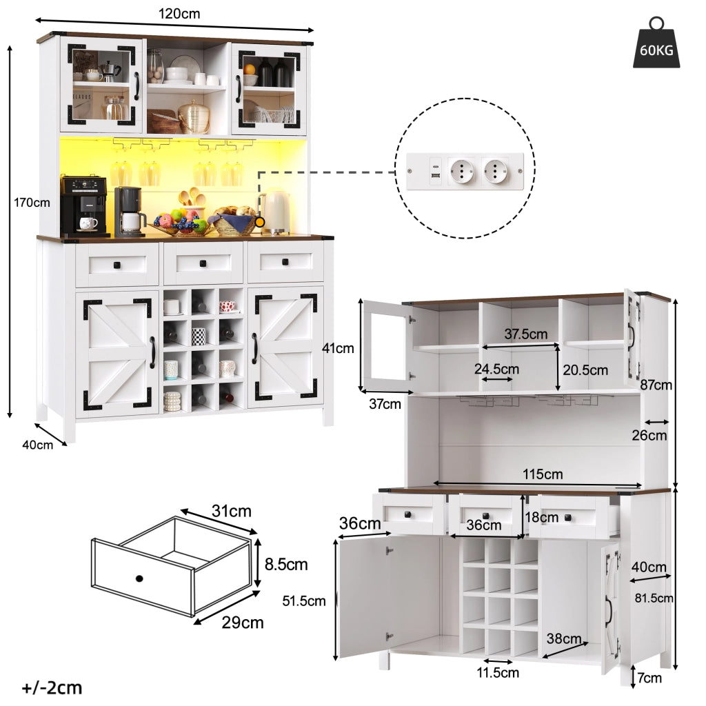Credenza Alta da Cucina con 4 Ante; 3 Cassetti; LED; Prese e USB; in MDF e Vetro; 120 x 40 x 170 cm; Bianca