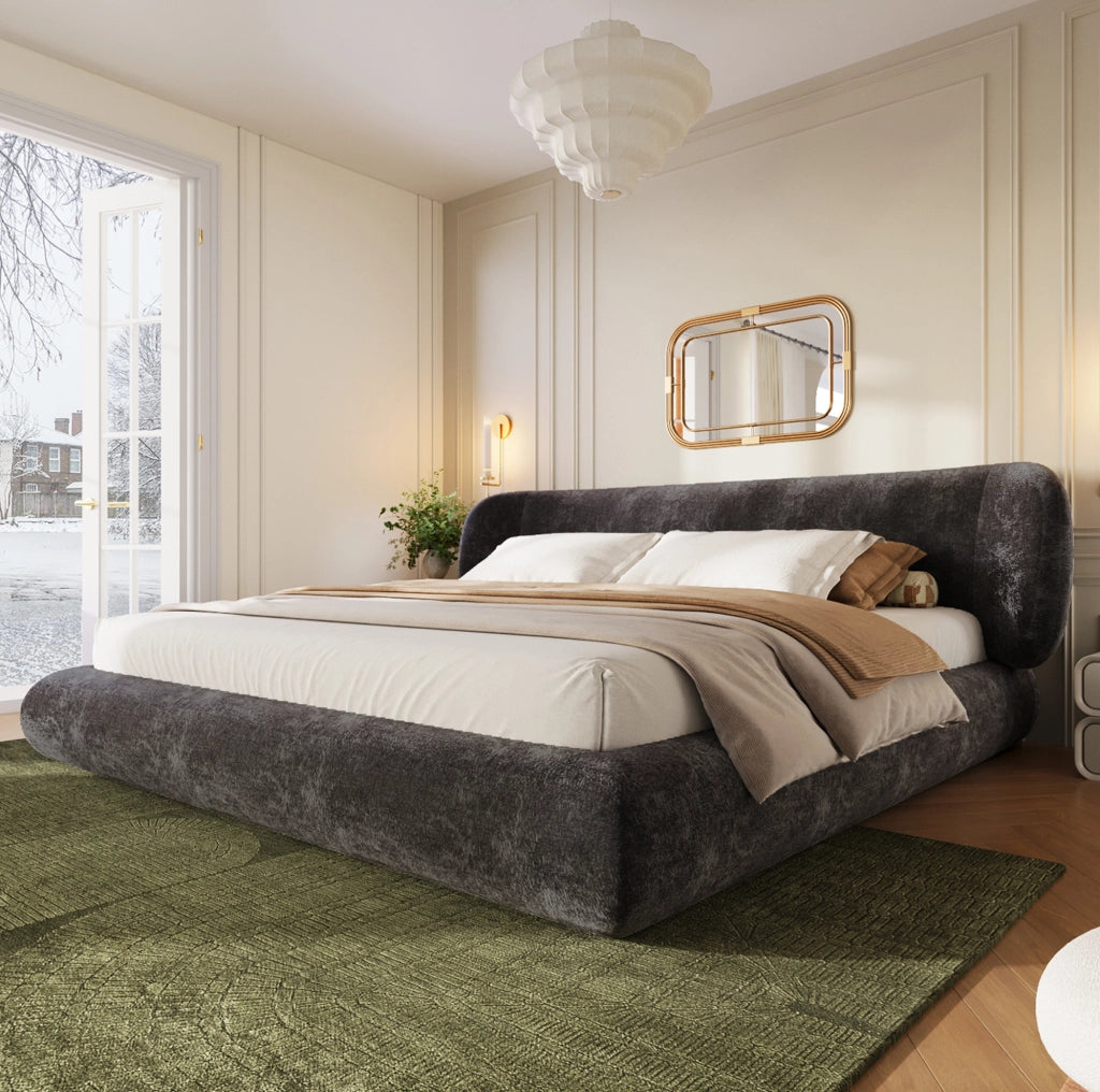 Letto matrimoniale 140x200 cm imbottito in ciniglia con rete a doghe e testiera; grigio