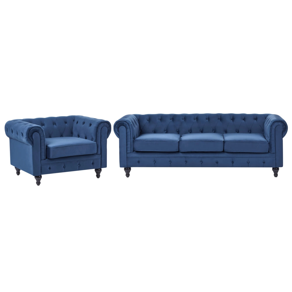 Chesterfield Soggiorno Set Rivestimento in Tessuto Velluto Blu Gambe in Legno Scuro Divano a 3 Posti + Poltrona Contemporanea
