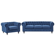 Chesterfield Soggiorno Set Rivestimento in Tessuto Velluto Blu Gambe in Legno Scuro Divano a 3 Posti + Poltrona Contemporanea