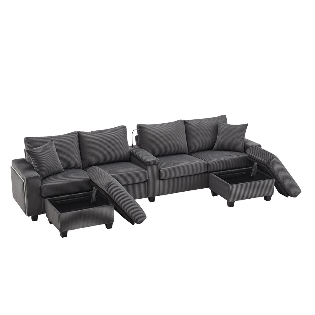 Divano a U 334x128,5x81 cm in velluto a coste grigio con LED e USB –
