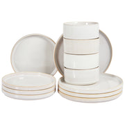 Set di 12 stoviglie di gres caolino bianco sporco fatto a mano con smalto reattivo Servizio per 4 persone Cucina Sala da pranzo