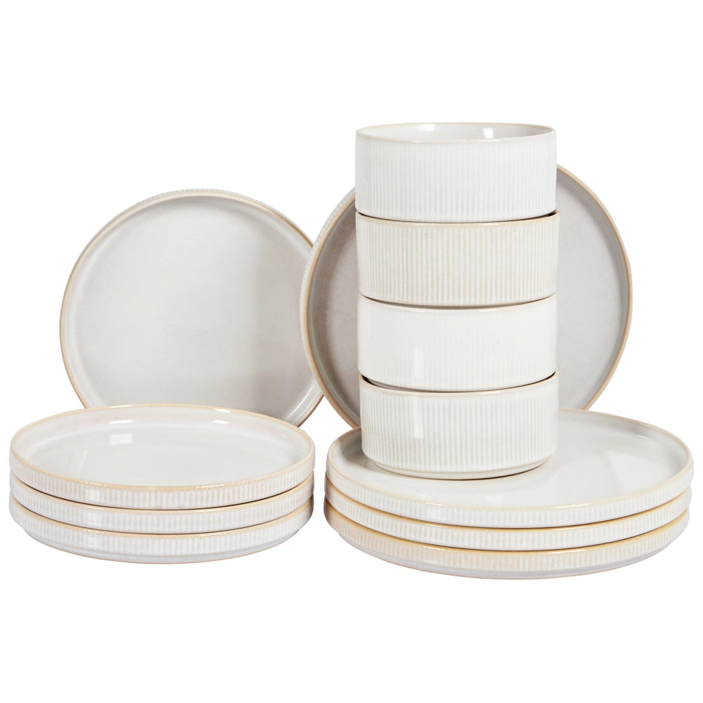 Set di 12 stoviglie di gres caolino bianco sporco fatto a mano con smalto reattivo Servizio per 4 persone Cucina Sala da pranzo